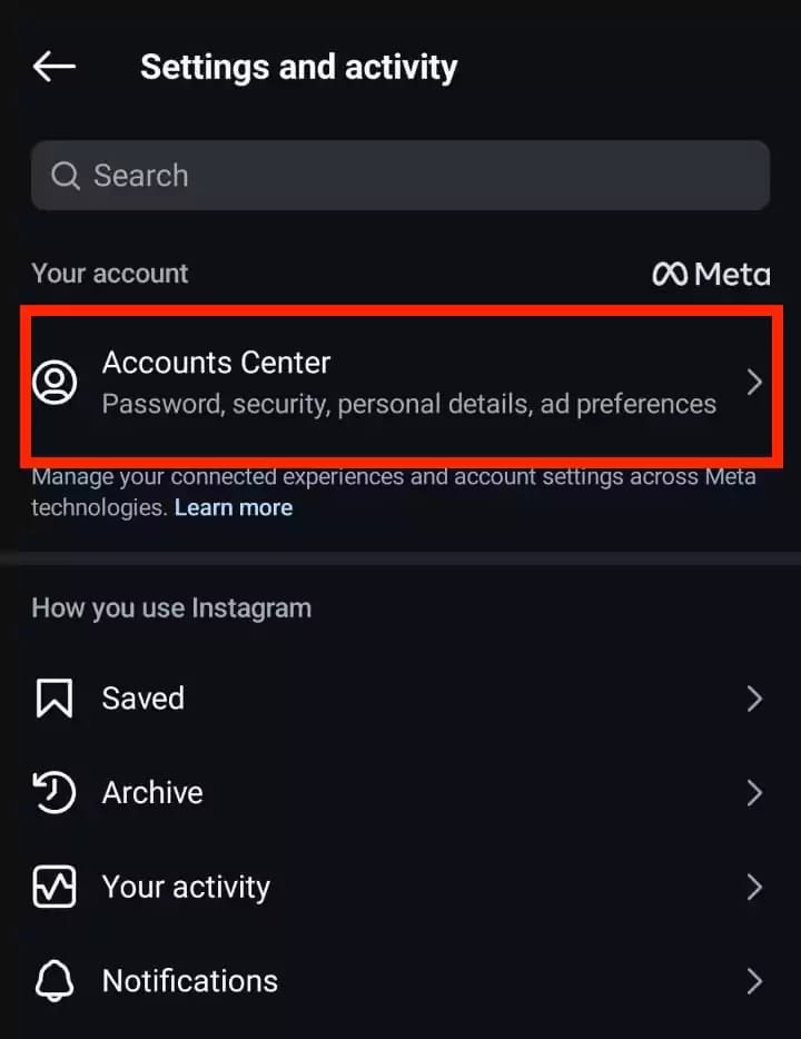 Instagram Accounts Center navigation menu
