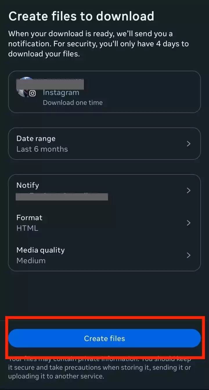 Instagram data categories selection with followers and following option