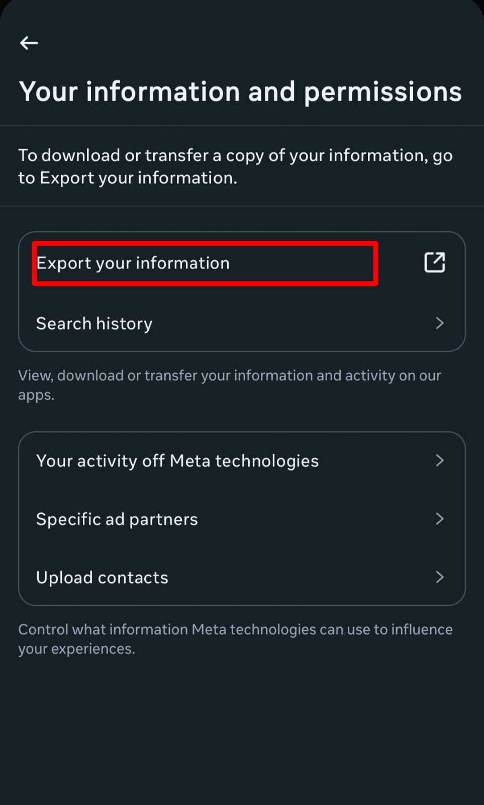 Instagram Data Export selection page